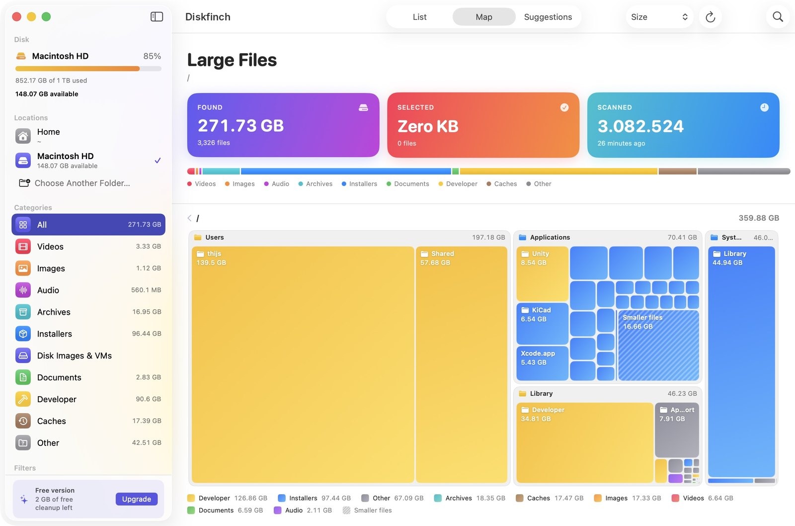 Diskfinch map view showing folders as tiles sized by disk usage